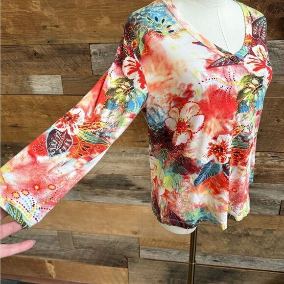 Chico’s Colorful Floral 3/4 Long Sleeve Tee EUC SZ 1 - Picture 6 of 8